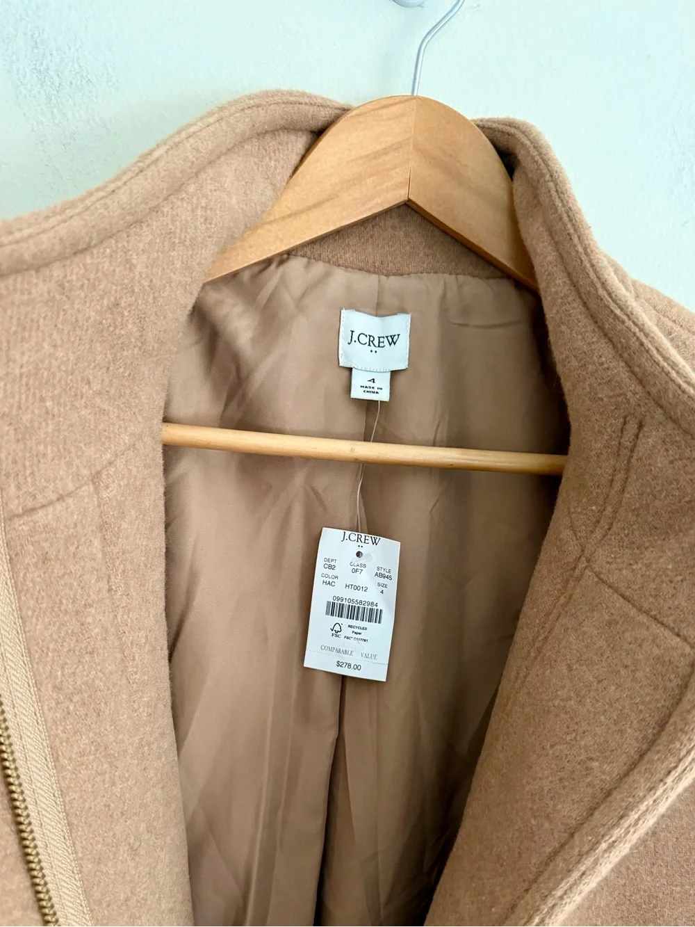 NWT J Crew Women's Button-Neck Wool blend Cocoon Camel Tan City Coat size 4